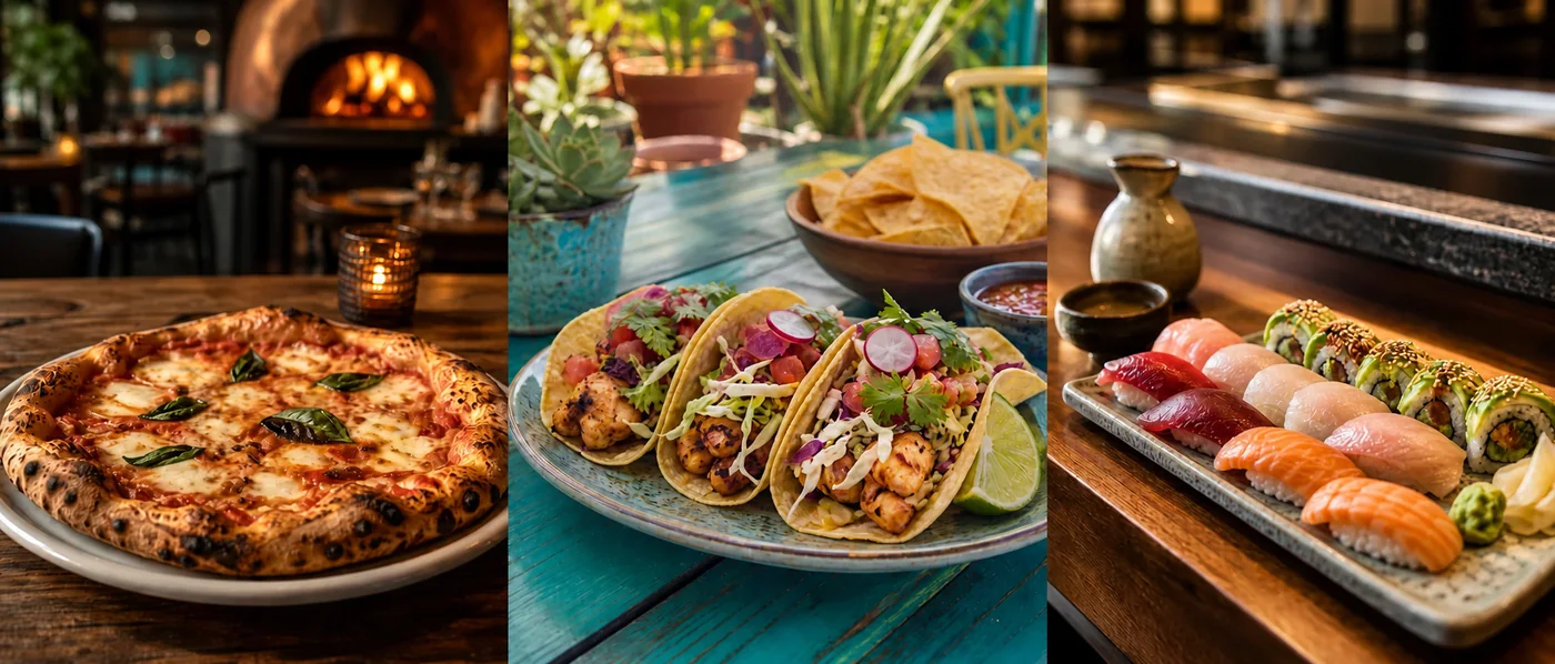 Pizza, tacos, and shrimp-free sushi choices
